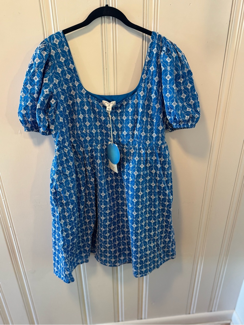 RHODE Blue Printed Mini Dress with Puff Sleeves